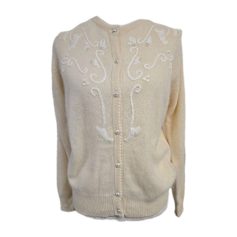 La Redoute VTG Lambswool Angora Blend Sweater Pearl Buttons Cream Women’s Size M